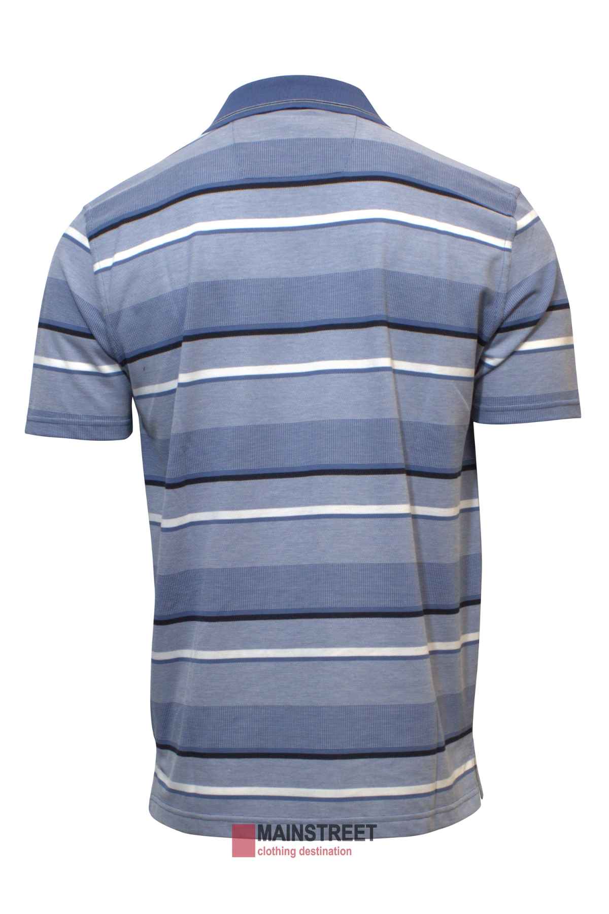 Back view of the Blue Horizon Striped Polo, showcasing stylish white, light blue, and dark blue stripes. The comfortable shirt is laid flat on a plain background with no mannequin or model visible.