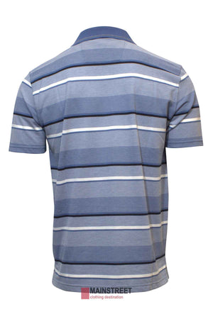 Back view of the Blue Horizon Striped Polo, showcasing stylish white, light blue, and dark blue stripes. The comfortable shirt is laid flat on a plain background with no mannequin or model visible.