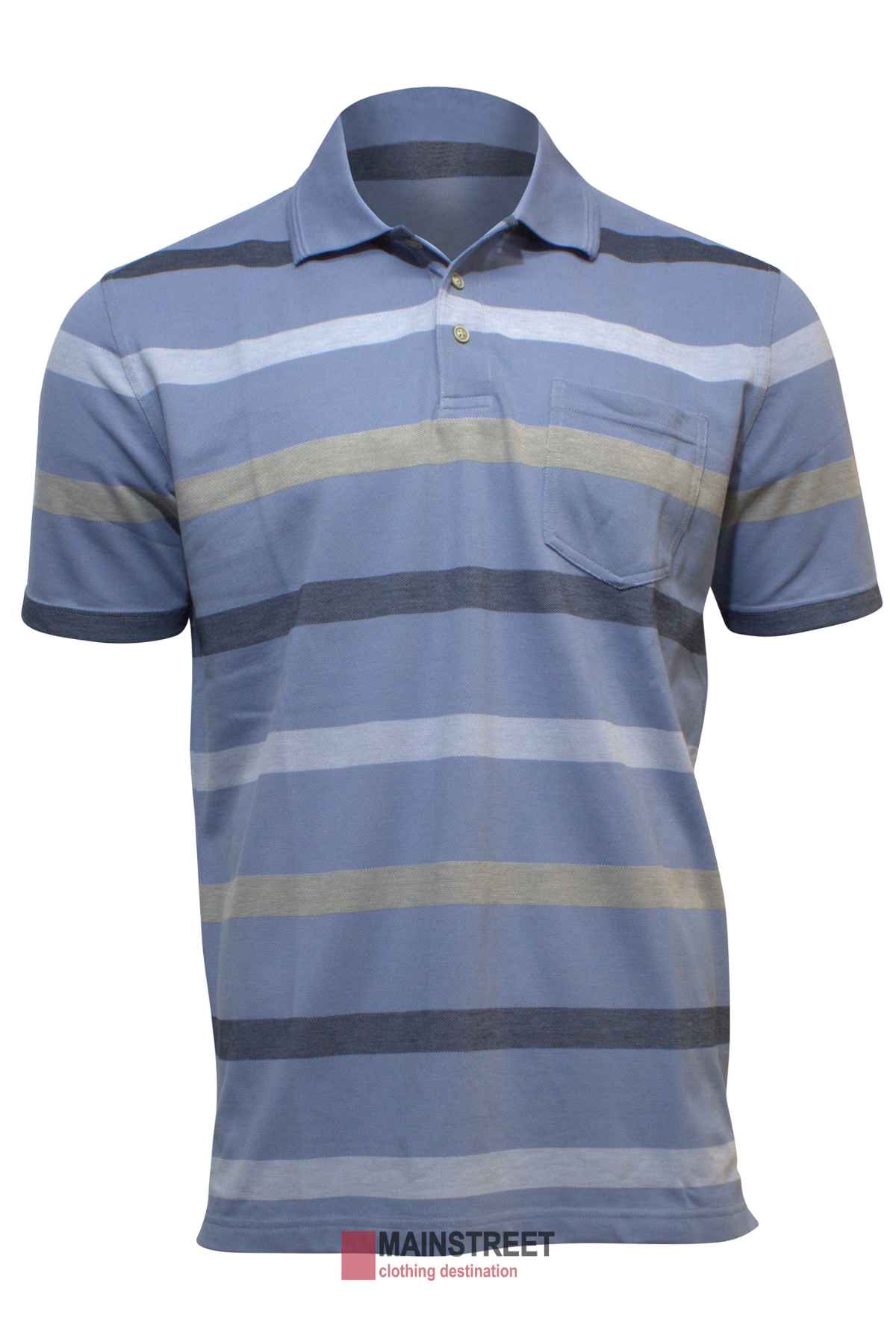 The Blue Horizon Striped Polo displays blue, gray, and beige horizontal stripes with a chest pocket. Shown on a white background, it features the "MAINSTREET clothing destination" logo below.