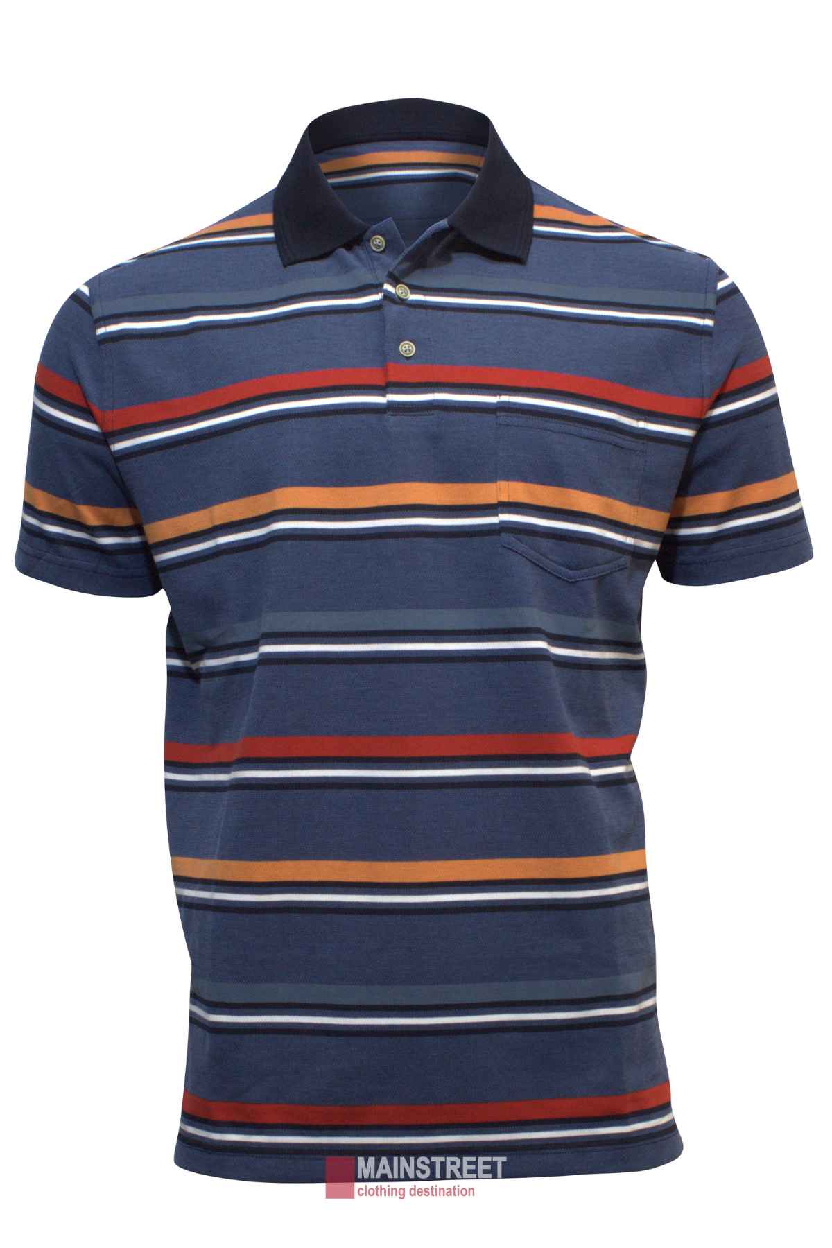 The Blue Horizon Striped Polo has short sleeves, a navy base with red, orange, white, and tan horizontal stripes, a black collar, 3-button placket, chest pocket, and the "MAINSTREET" logo below the shirt.