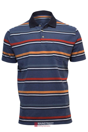 The Blue Horizon Striped Polo has short sleeves, a navy base with red, orange, white, and tan horizontal stripes, a black collar, 3-button placket, chest pocket, and the "MAINSTREET" logo below the shirt.