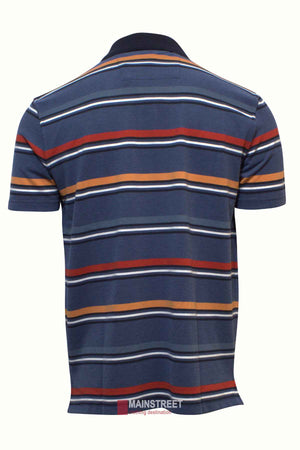 The Blue Horizon Striped Polo is a short-sleeved, navy blue shirt with orange, white, and red stripes, a dark collar, and a "MAINSTREET" label at the lower back. Shown from the back.