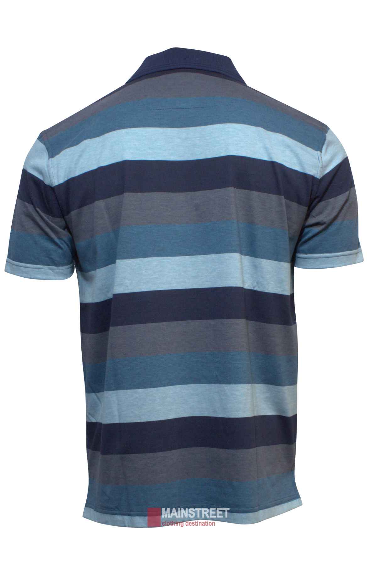 The Blue Horizon Striped Polo features classic short sleeves, a three-button front, and horizontal stripes in blue and navy shades, shown from the back.