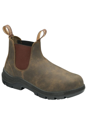 A Blundstone 730 WorkLife Series Non Safety Boot in brown leather with black elastic side panels, front and back pull tabs, and a thick black rubber sole is shown on a white background.