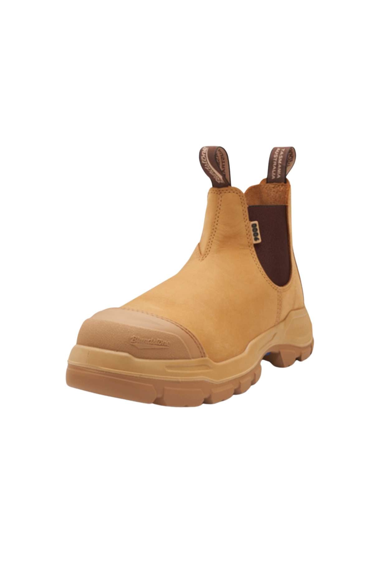 The Blundstone RotoFlex 9000 Elastic Sided Safety Boot is a tan-colored, slip-on work boot made of water-resistant nubuck leather with brown pull tabs and a sturdy, prominent sole. It features reinforced toe protection and elastic side panels for ease of wearing. The smooth surface and textured tread pattern on the sole provide excellent grip.
