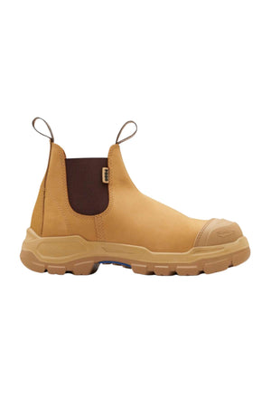 The Blundstone RotoFlex 9000 Elastic Sided Safety Boot is a tan-colored boot crafted from water-resistant nubuck leather. It features brown elastic side panels, a thick rugged sole, and pull tabs at both the front and back for easy wear. The boot also includes a reinforced toe and heel for added durability.