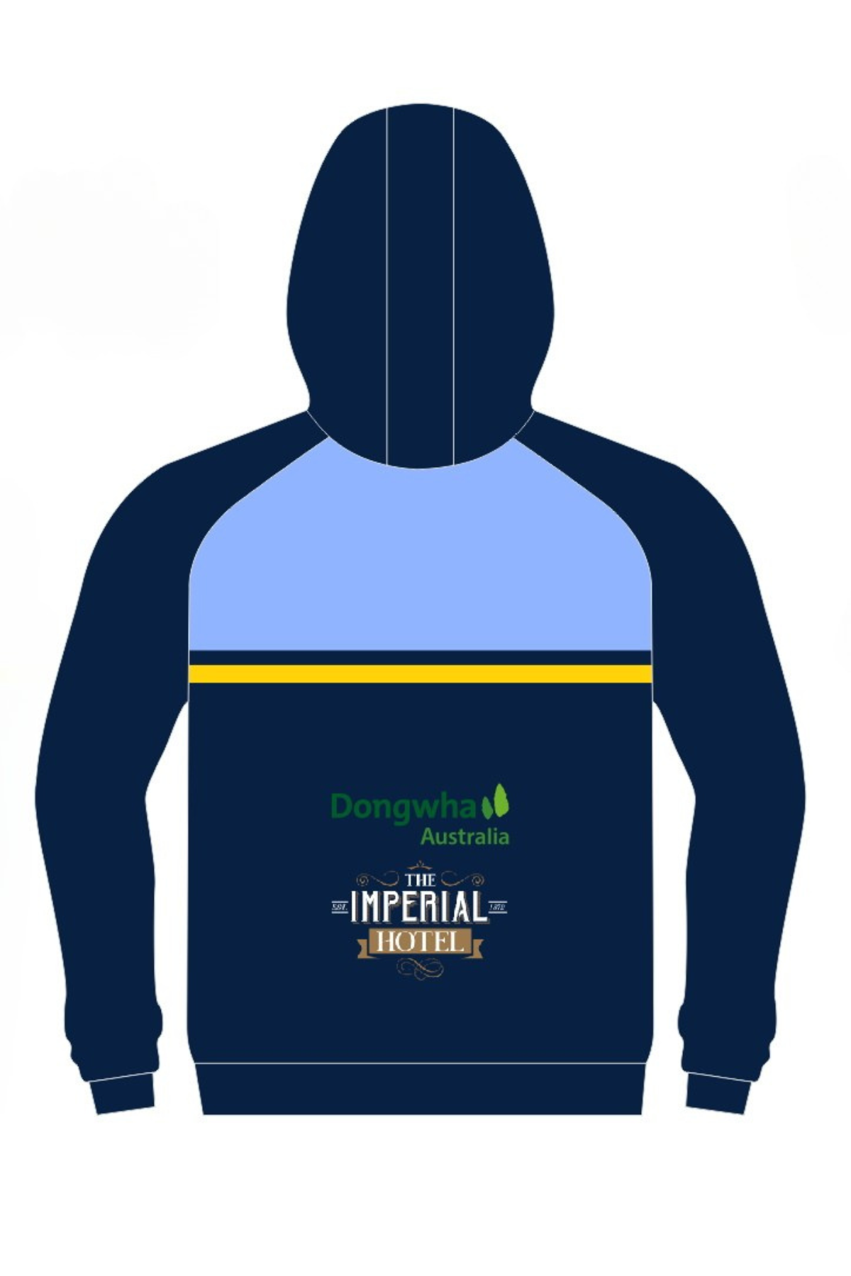Pre-order the Bombala Blue Heelers Full Zip Polar Fleece Hoodie in navy with light blue shoulders, yellow and white chest stripes, and "Dongwha Australia" & "The Imperial Hotel" logos on the back. Minimum order quantity may apply.