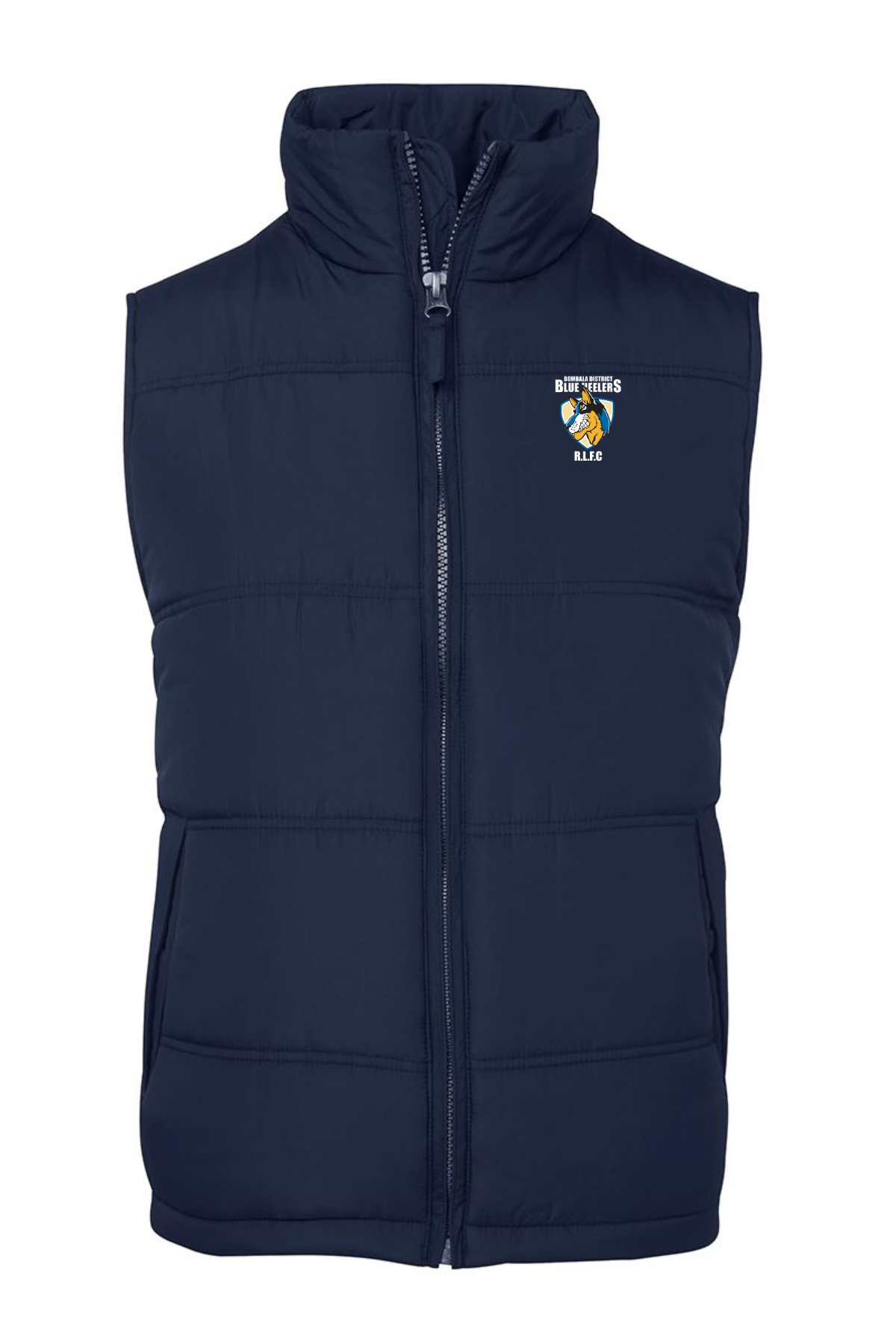 The Bombala Blue Heelers Puffer Vest PRE-ORDER is a navy vest with full front zipper, two side pockets, and an embroidered left chest logo featuring a rugby ball, penguin, and “Northants RUG.” Pre-order only; minimum order may apply.