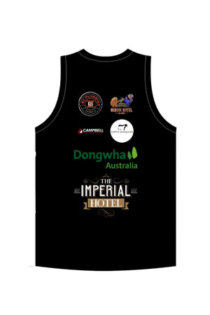 The Bombala Blue Heelers Training Singlet is a black, sleeveless sports jersey, available for pre-order. It features logos such as Bendoc Hotel and Dongwha Australia and is styled akin to Blue Heelers apparel with a sublimated design, ideal for sports team training.