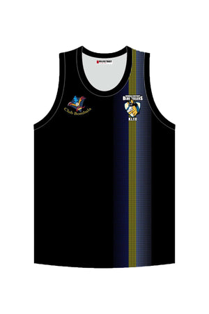 The Bombala Blue Heelers Training Singlet, available for pre-order, is a black sleeveless sublimated training piece featuring "Club Bombala" with a colorful image on the left chest and "Blue Bulls Rugby League" logo with a bull design on the right. It has a vertical blue and yellow checkered stripe on the right side.