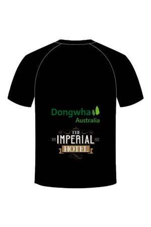 Pre-order the Bombala Blue Heelers Training Tee: a black t-shirt adorned with white and green logos, styled as a sublimated training tee. It features the green "Dongwha Australia" logo with a tree icon and "The Imperial Hotel" in bold gold and white with decorative details.