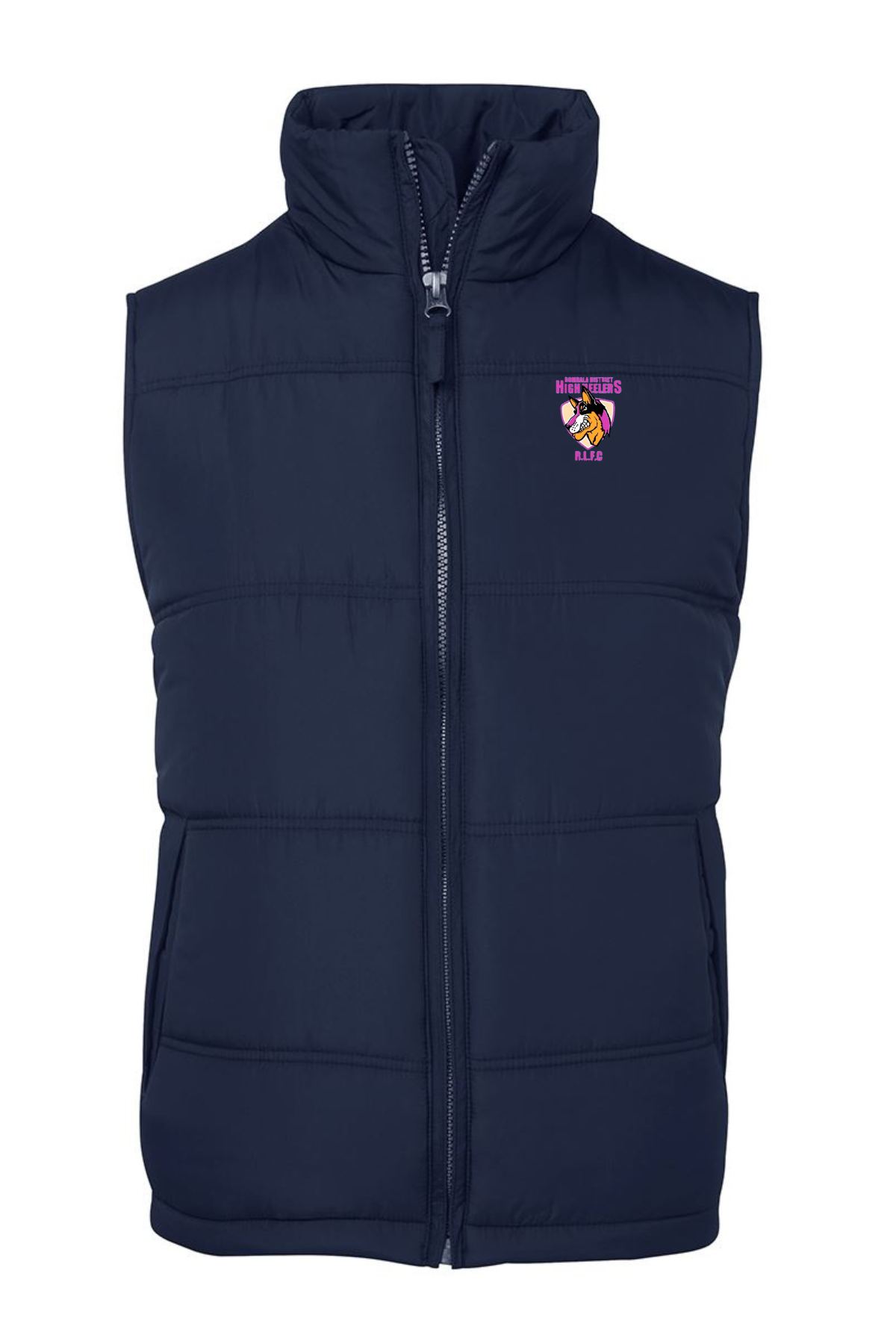 The Bombala High Heelers Puffer Vest PRE-ORDER is navy blue with a high collar, front zipper, and side pockets. The left chest has a colorful hornet logo and "HORNETS RLFC." Pre-order now; minimum order quantity may apply.