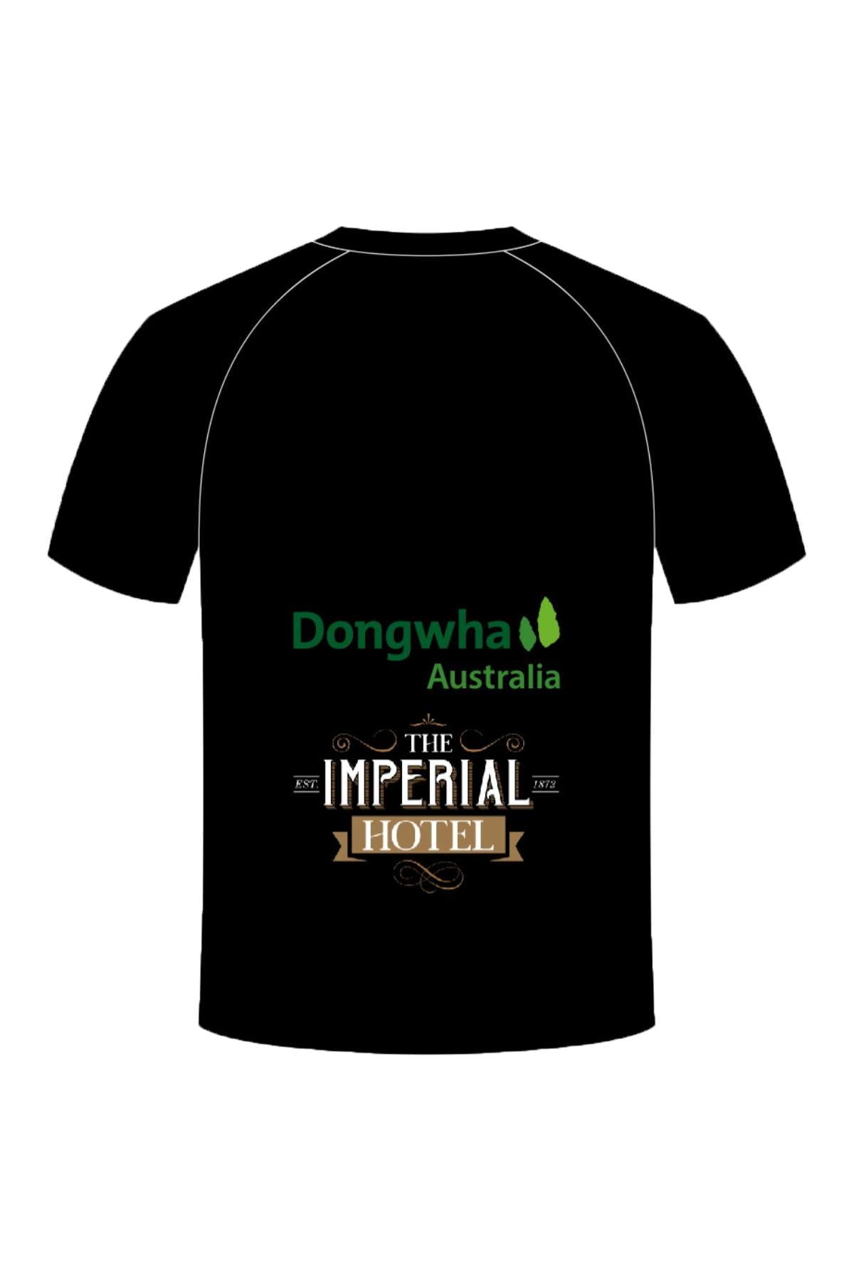 The Bombala High Heelers Training Tee is available for pre-order, featuring a black design with "Dongwha Australia" and two green tree icons above "The Imperial Hotel" on the back—ideal for fans of style and comfort.
