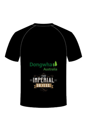 The Bombala High Heelers Training Tee is available for pre-order, featuring a black design with "Dongwha Australia" and two green tree icons above "The Imperial Hotel" on the back—ideal for fans of style and comfort.