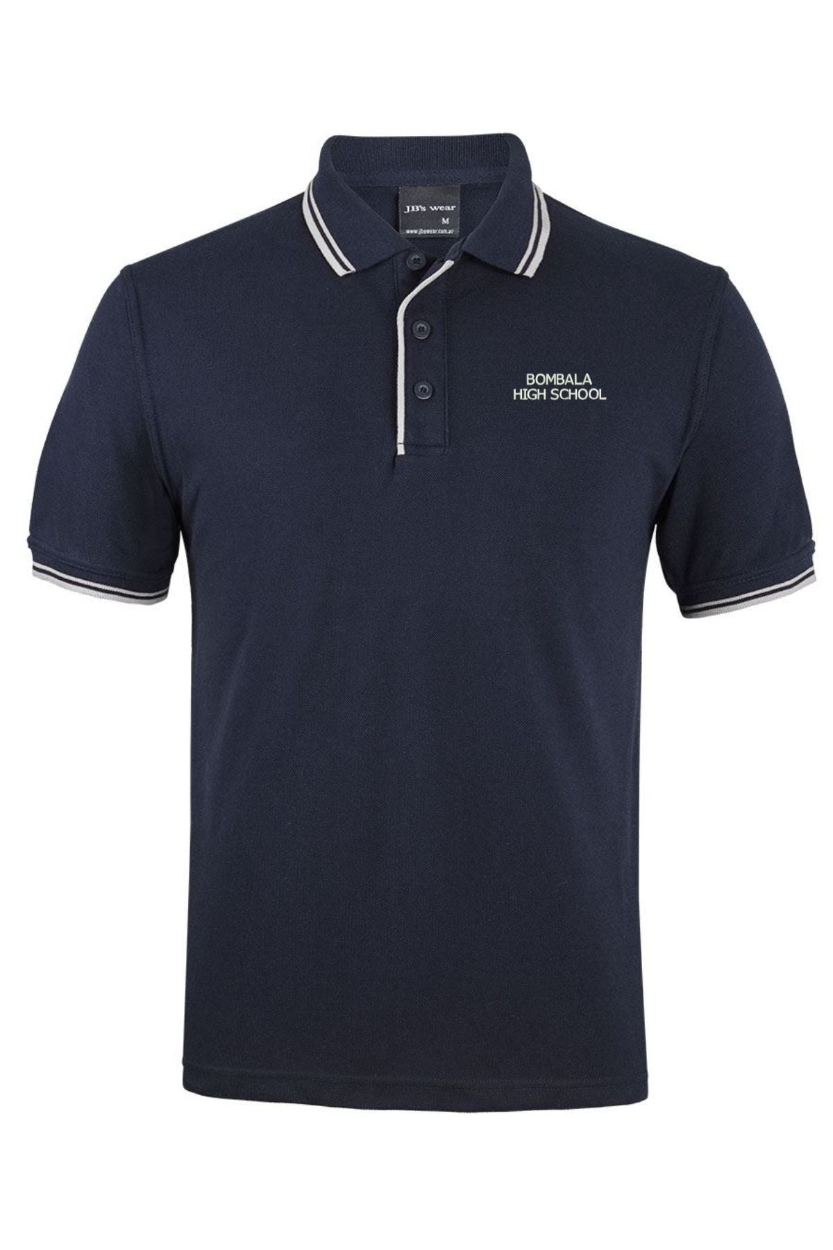 The Bombala High School Contrast Polo PRE-ORDER features navy blue fabric with white trim and "Bombala High School" embroidered on the left chest—ideal for the official school uniform.