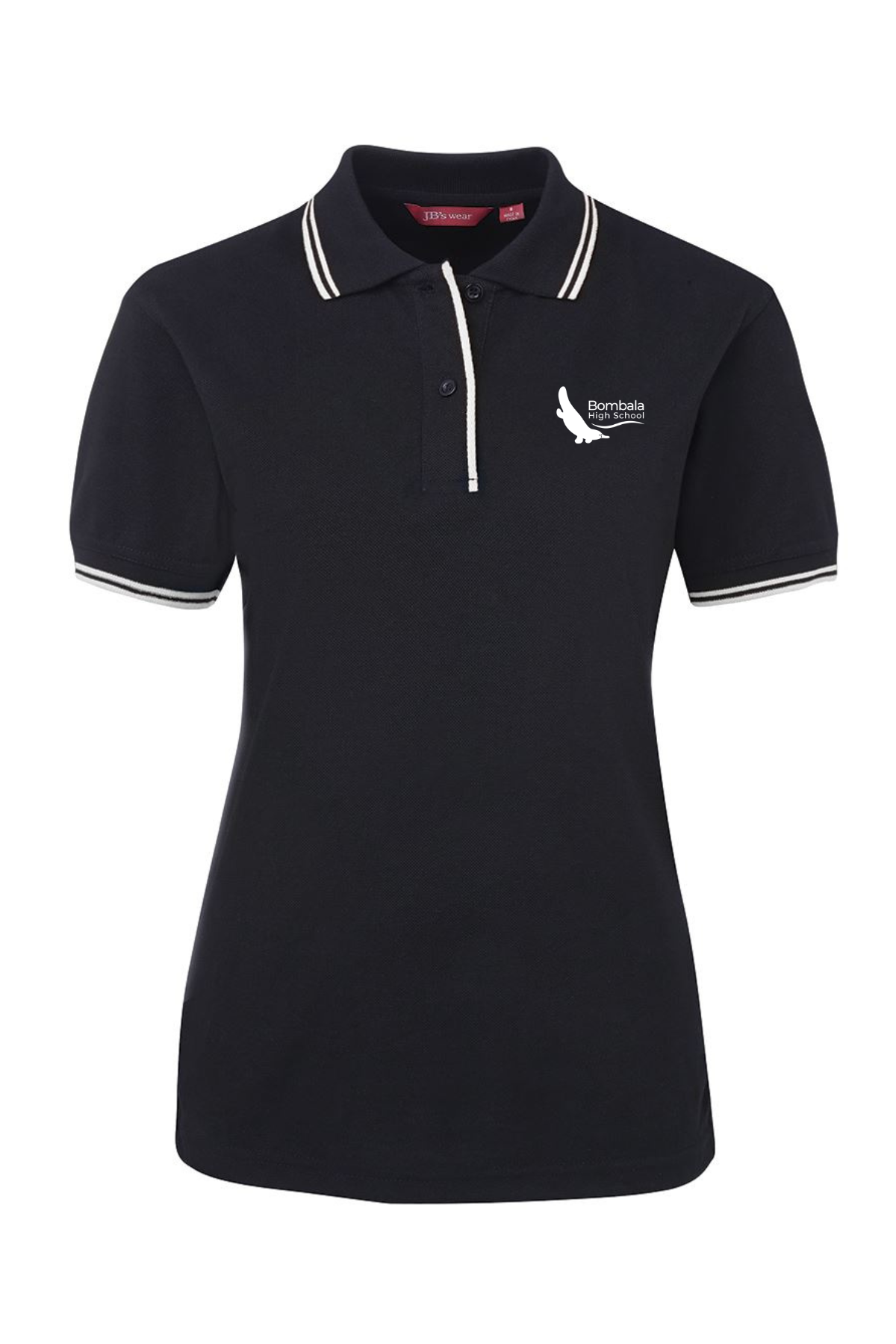 The Bombala High School Ladies Contrast Polo PRE-ORDER features a black design with short sleeves, white trim on the collar and sleeves, and a small white embroidered logo and text on the left chest—ideal for your school uniform.