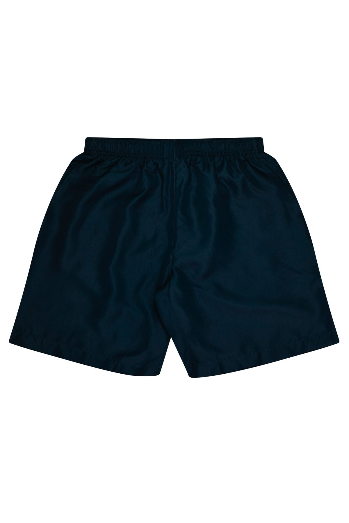 A pair of Bombala High School Sports Shorts PRE-ORDER in plain dark blue with an elastic waistband, shown laid flat on a white background and viewed from the back.