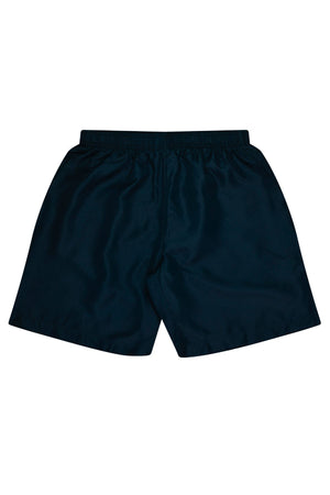 A pair of Bombala High School Sports Shorts PRE-ORDER in plain dark blue with an elastic waistband, shown laid flat on a white background and viewed from the back.