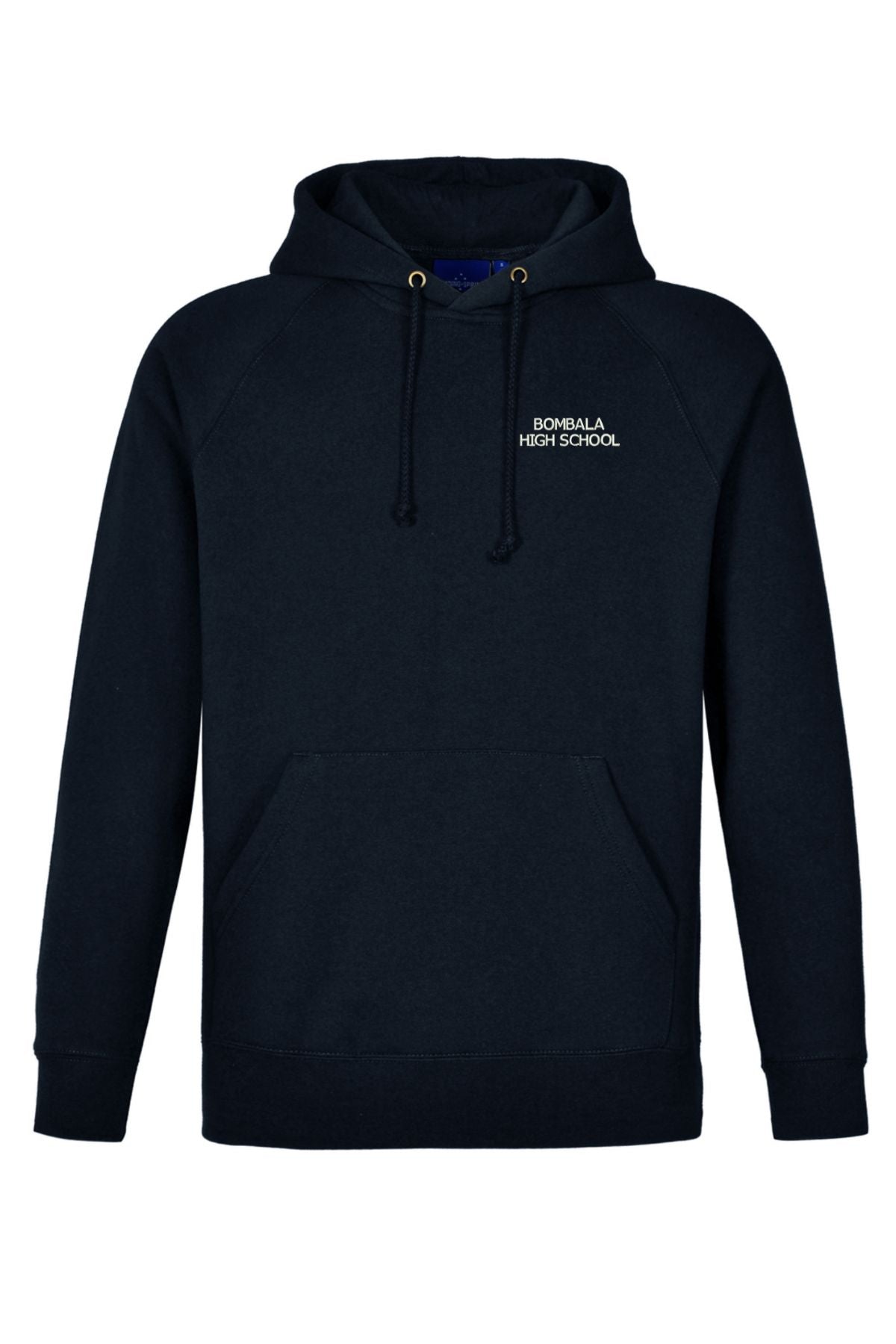 The Bombala High School Pullover Hoodie PRE-ORDER is a plain black hoodie with a front pocket, drawstrings, and "BOMBALA HIGH SCHOOL" embroidered in white on the left chest—ideal for everyday wear.