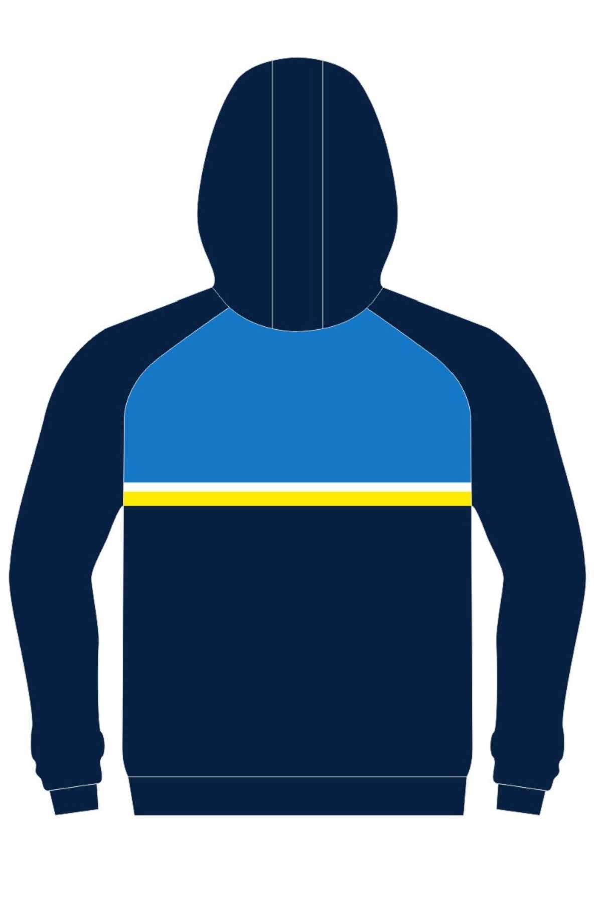Pre-order the Bombala Junior Blue Heelers Full Zip Polar Fleece Lined Hoodie—navy blue with a light blue upper chest, yellow stripe, hood, and long sleeves. Stay warm and stylish while supporting your team!.