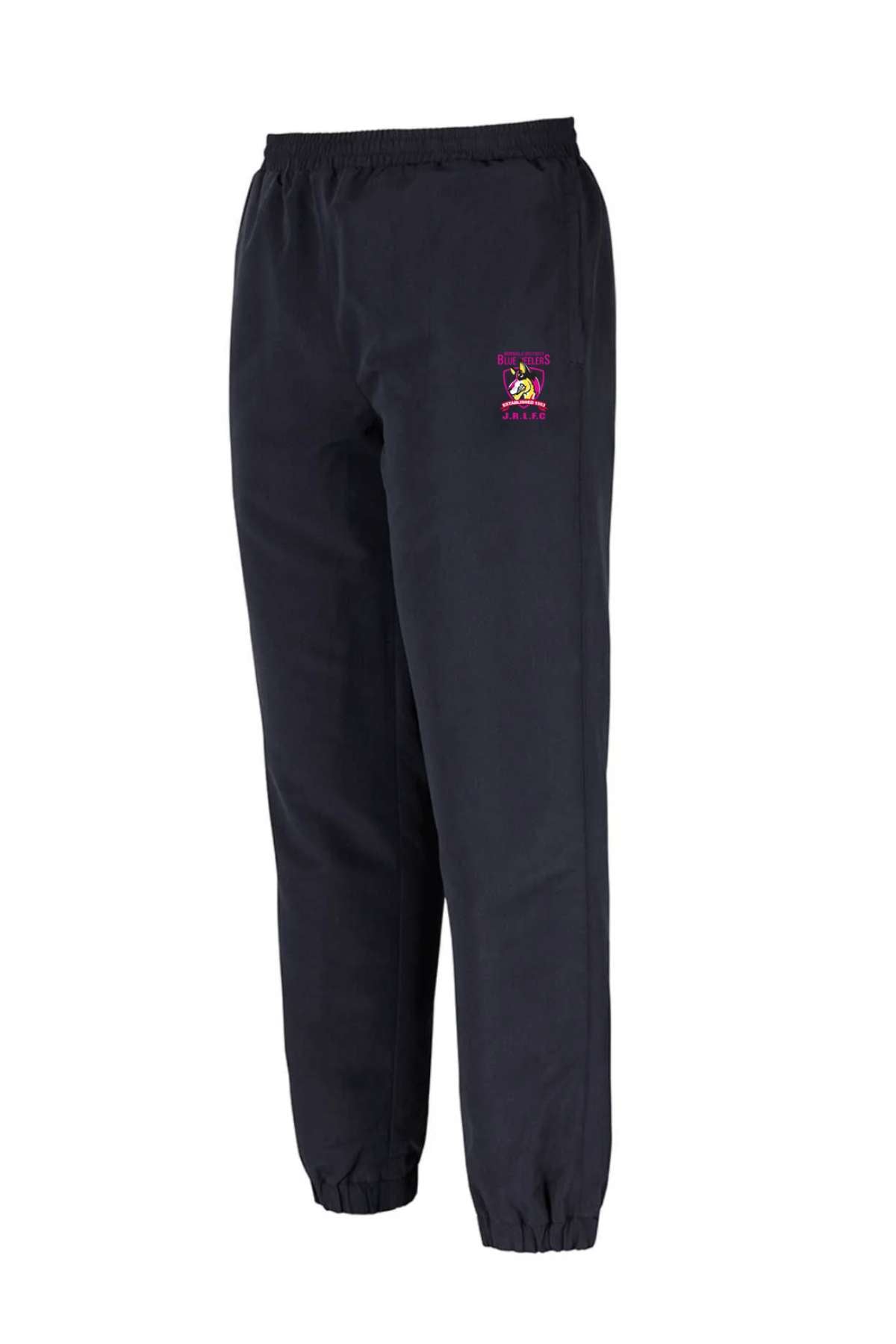 Bombala Junior Blue Heelers Trackpant PRE-ORDER – Black kids trackpant with elastic waistband, cuffs, and a colorful embroidered logo on the left thigh. Pre-order only; minimum order quantity applies.