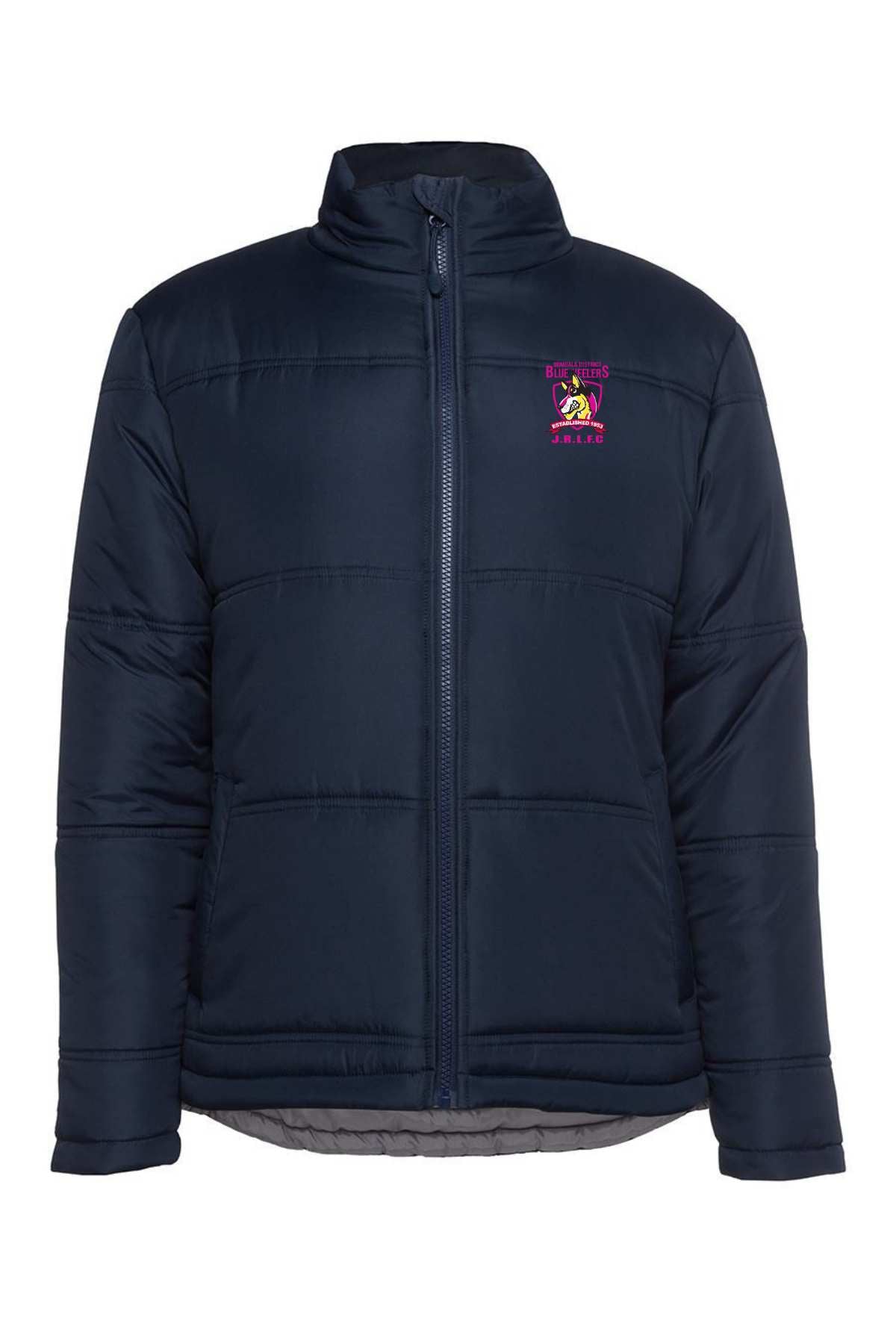 The Bombala Junior Adults Blue Heelers Puffer Jacket PRE-ORDER is navy blue with a front zipper, high collar, horizontal stitching, and a small colorful embroidered logo with text and graphic on the left chest for custom-made jacket quality.