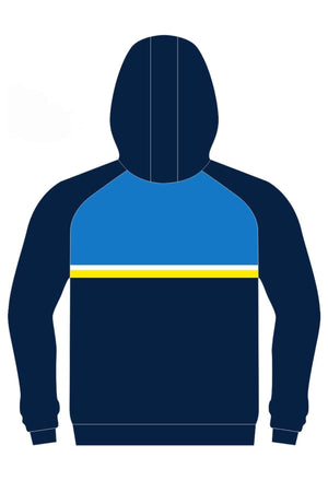 The Bombala Junior Blue Heelers Pullover Cotton Lined Hoodie PRE-ORDER is a navy blue kids' hoodie with a light blue upper section and a yellow chest stripe. This junior pullover has long sleeves and no visible logos—ideal for young fans.