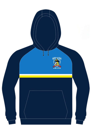 Pre-order the Bombala Junior Blue Heelers Pullover Cotton Lined Hoodie! Navy with a light blue chest panel, yellow stripe, front pouch pocket, and colorful pirate logo—perfect for Buccaneers J.R.L.F.C. fans.
