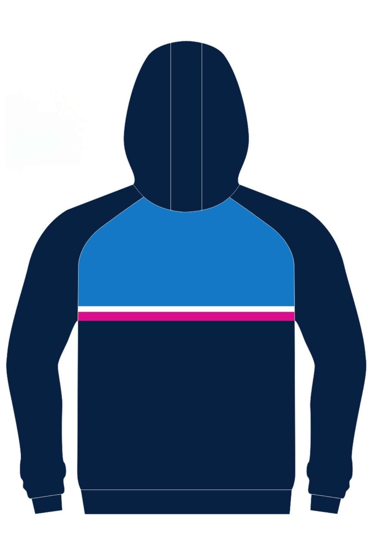 The Bombala Junior Blue Heelers Pullover Cotton Lined Hoodie PRE-ORDER is a navy and blue kids' hoodie with a front pocket, pink, white, and blue stripe detail, colorful penguin logo with text on the left chest, and soft cotton lining.