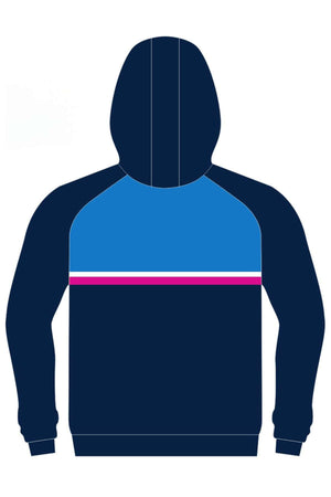 The Bombala Junior Blue Heelers Pullover Cotton Lined Hoodie PRE-ORDER features dark blue sleeves and hood, a lighter blue upper chest, and bold white, pink, and blue stripes—perfect for any young Blue Heelers fan.