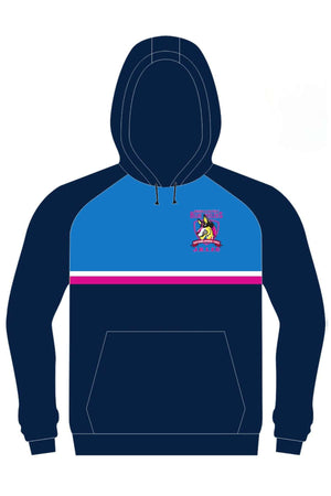 The Bombala Junior Blue Heelers Pullover Cotton Lined Hoodie PRE-ORDER is a navy and blue kids' hoodie with a front pocket, pink, white, and blue stripe detail, colorful penguin logo with text on the left chest, and soft cotton lining.