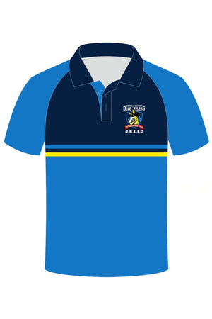 The Bombala Junior Blue Heelers Sublimated Club Polo features a collar, the Blue Heelers J.R.L.F.C. logo and text on the left chest, yellow and white mid-stripes, in blue/navy colors. Available now as a pre-order item.