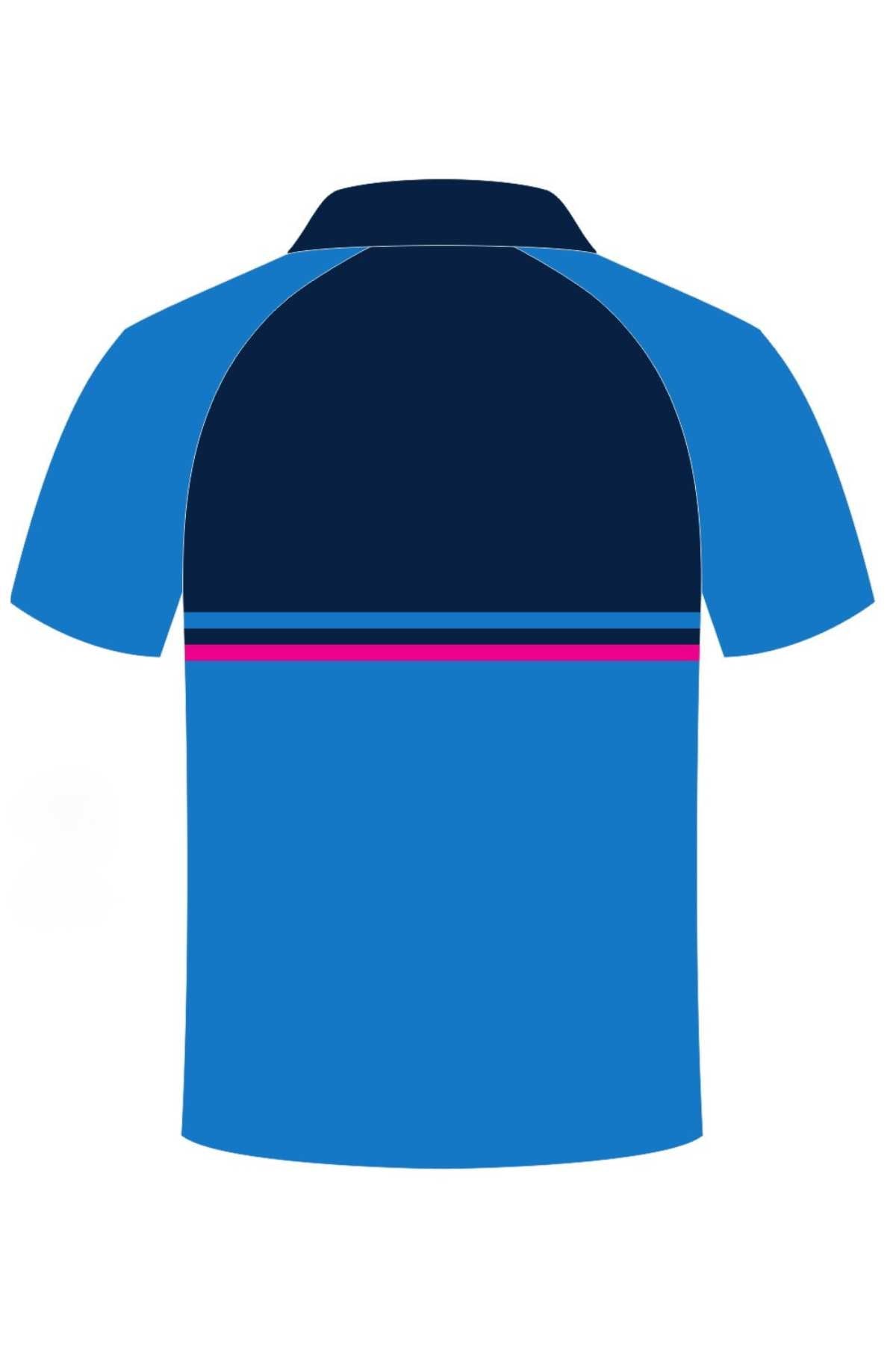 Pre-order the Bombala Junior Blue Heelers Sublimated Club Polo, a blue short-sleeved top with dark navy upper, pink and purple stripes, and a vibrant Bulldogs J.R.L.F.C logo—support the Bombala Junior Blue Heelers!.