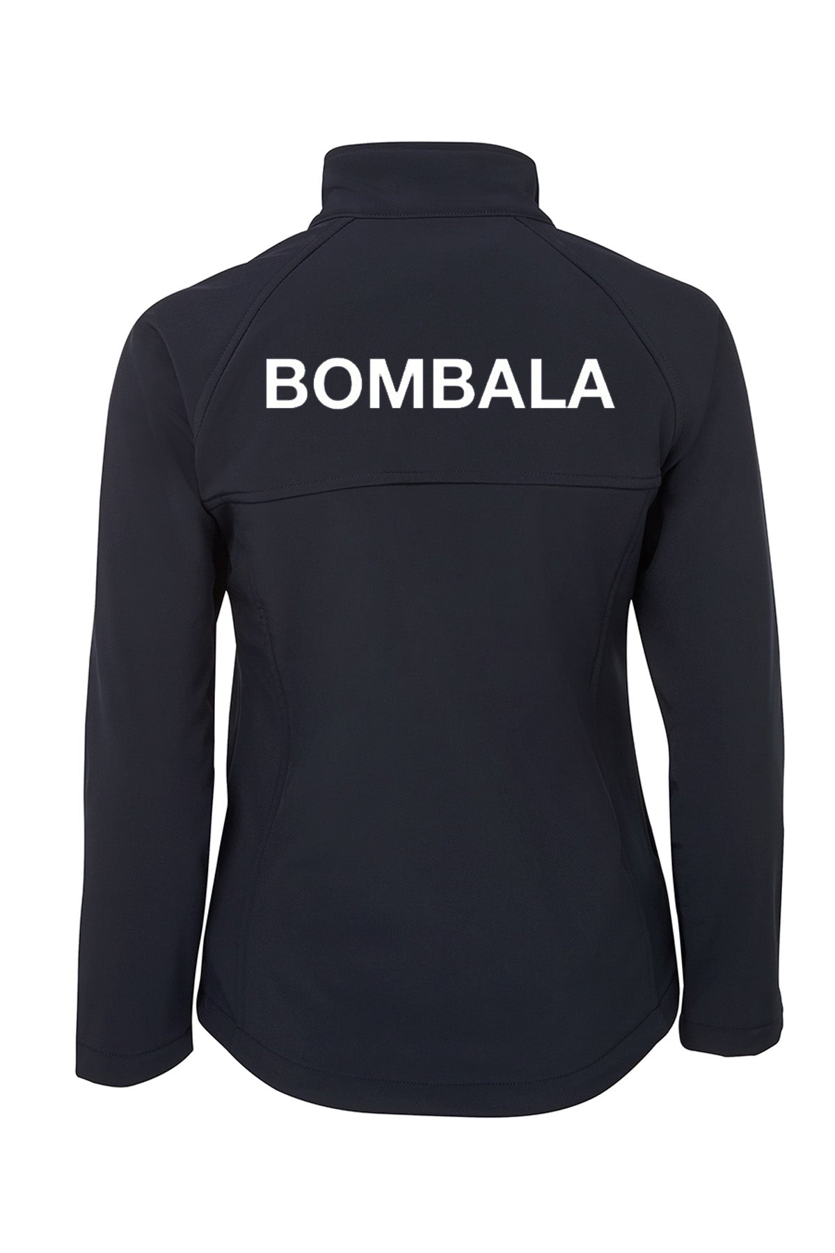 A Bombala High School Ladies Soft Shell Jacket (PRE-ORDER), black long-sleeve, with "BOMBALA" printed in bold white uppercase letters across the upper back, shown from the rear view.