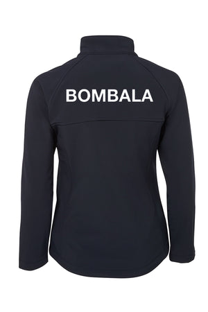 A Bombala High School Ladies Soft Shell Jacket (PRE-ORDER), black long-sleeve, with "BOMBALA" printed in bold white uppercase letters across the upper back, shown from the rear view.