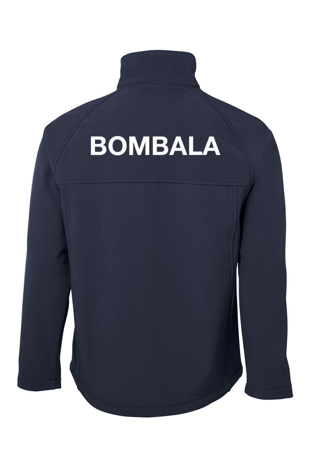 Navy blue Bombala High School Soft Shell Jacket PRE-ORDER with a high collar, long sleeves, and the school logo with a white bird and text on the left chest—perfect for your uniform.