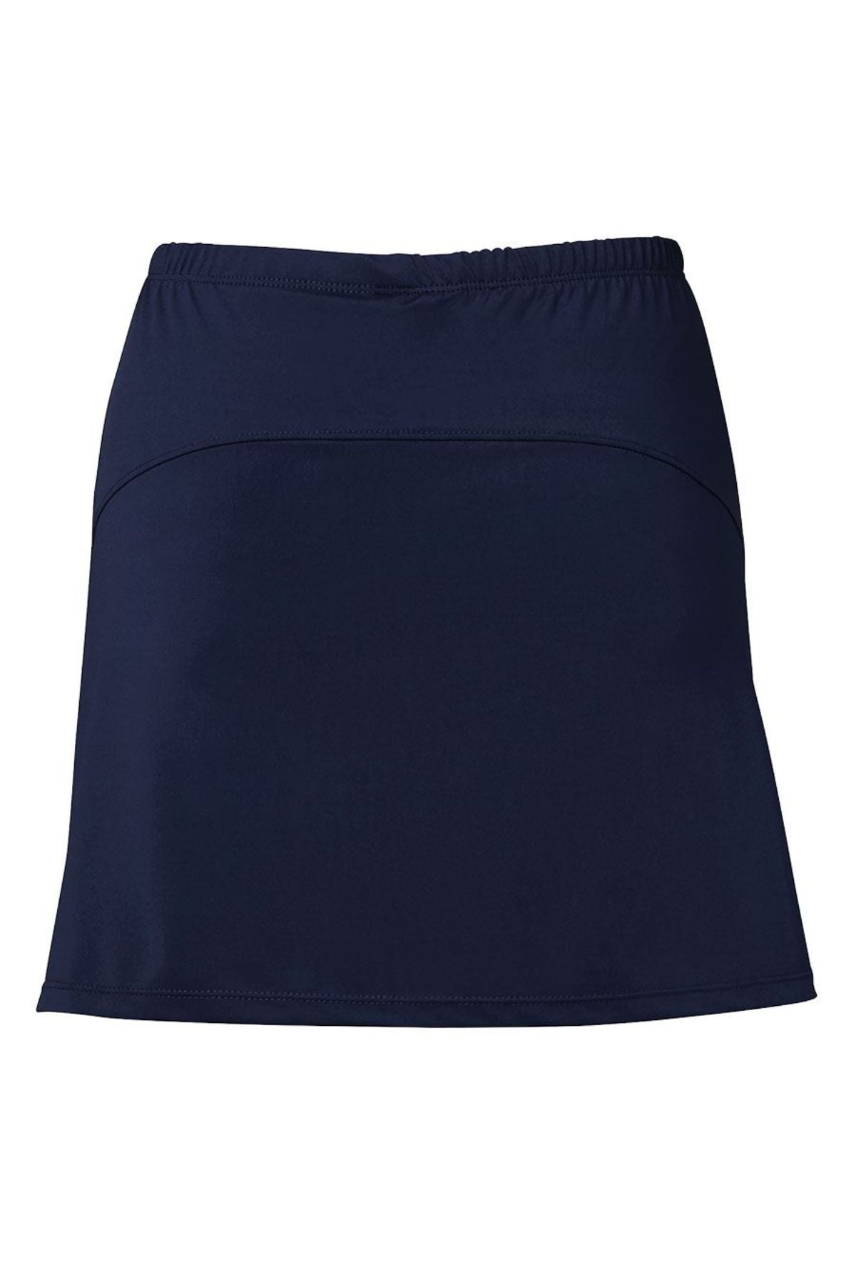 The Bombala High School Ladies Skort PRE-ORDER features a plain navy design with an elastic waistband and slightly flared hem—ideal for school uniforms or athletic wear.