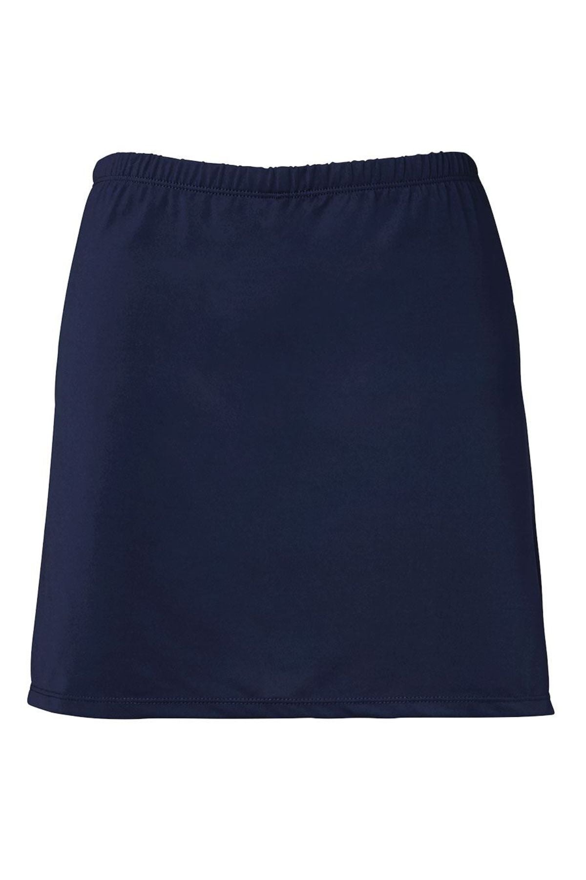 The Bombala High School Ladies Skort PRE-ORDER is a plain navy blue skirt with an elastic waistband, photographed on a white background—perfect for school uniform requirements.