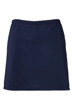 The Bombala High School Ladies Skort PRE-ORDER is a plain navy blue skirt with an elastic waistband, photographed on a white background—perfect for school uniform requirements.
