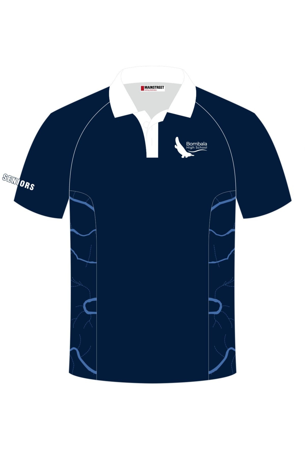 The Bombala High School Seniors Polo features a navy blue design with a white collar, piping, "SENIORS" on the sleeve, bird chest logo, and abstract side patterns. Pre-order to secure this ideal school uniform for seniors today!.