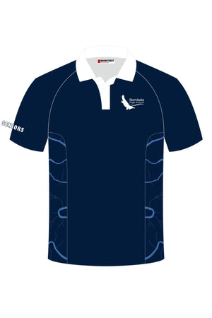 The Bombala High School Seniors Polo features a navy blue design with a white collar, piping, "SENIORS" on the sleeve, bird chest logo, and abstract side patterns. Pre-order to secure this ideal school uniform for seniors today!.
