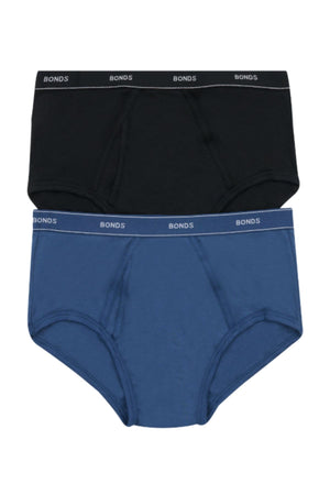 The Bonds Comfort Brief 2PK includes two men’s briefs—one black, one blue—with black waistbands featuring white "BONDS" text. Laid flat on a white background, these briefs offer comfort and style for everyday wear.