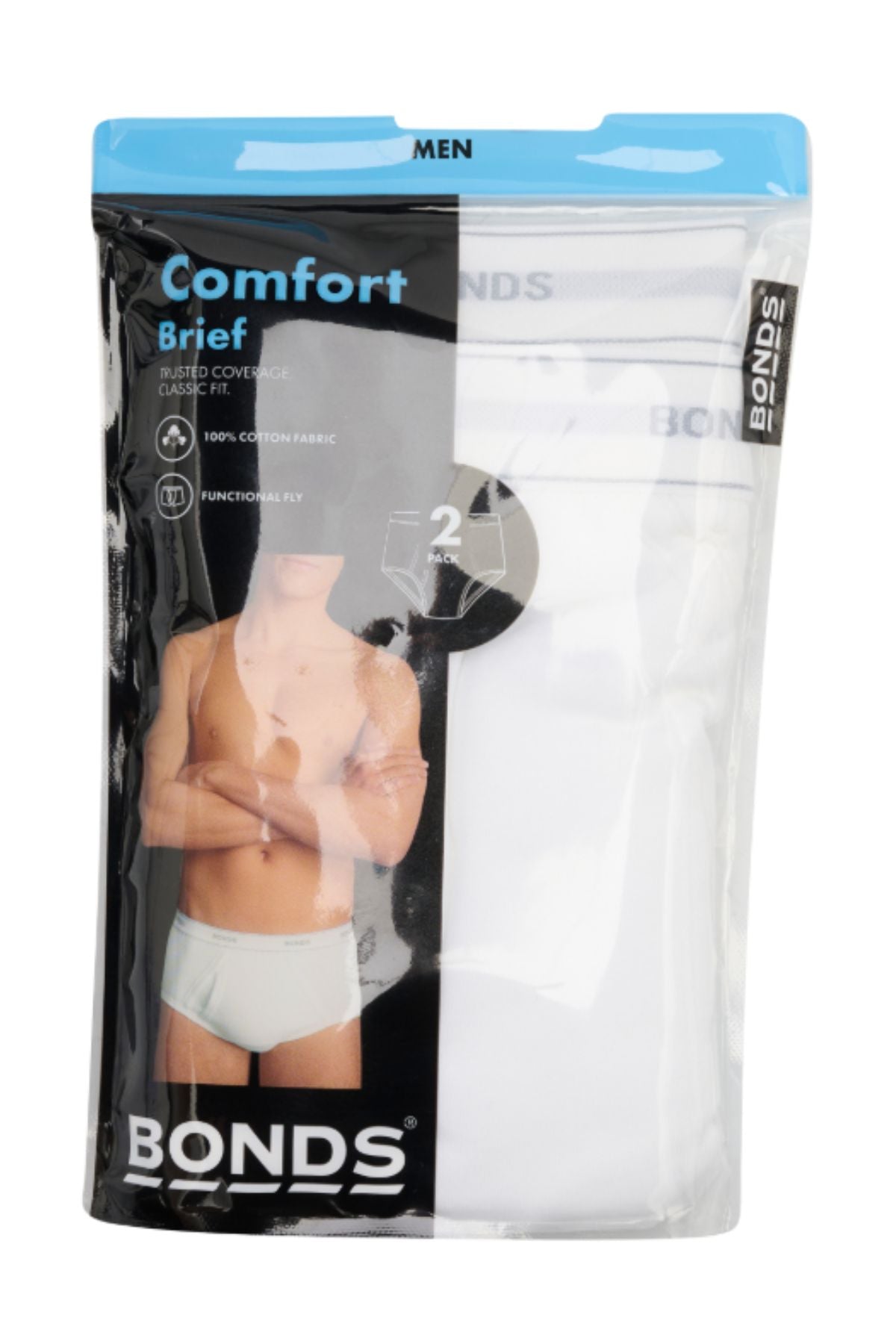 A pack of Bonds Comfort Brief 2PK features an image of a man in white briefs on the mostly clear packaging with blue and black accents, containing two comfortable briefs ideal for everyday wear.