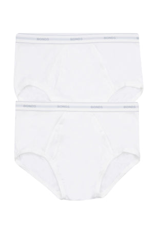 The Bonds Comfort Brief 2PK includes two pairs of men's white cotton briefs, each with a "BONDS" branded elastic waistband, shown laid flat on a plain white background for everyday comfort.