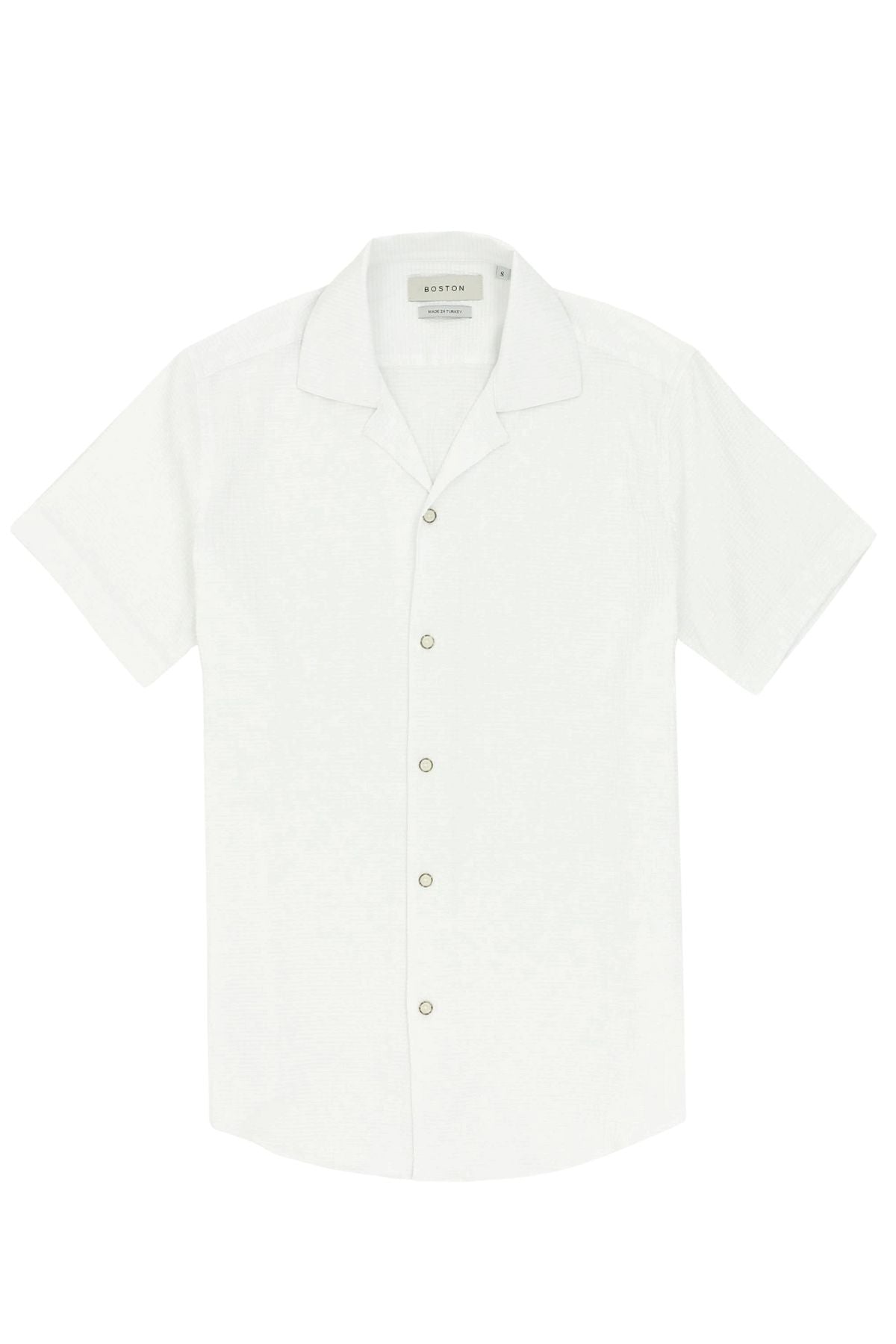 The Boston James Textured Cotton Short Sleeve Shirt features a relaxed collar and minimalist design with small front buttons, shown flat against a white background.