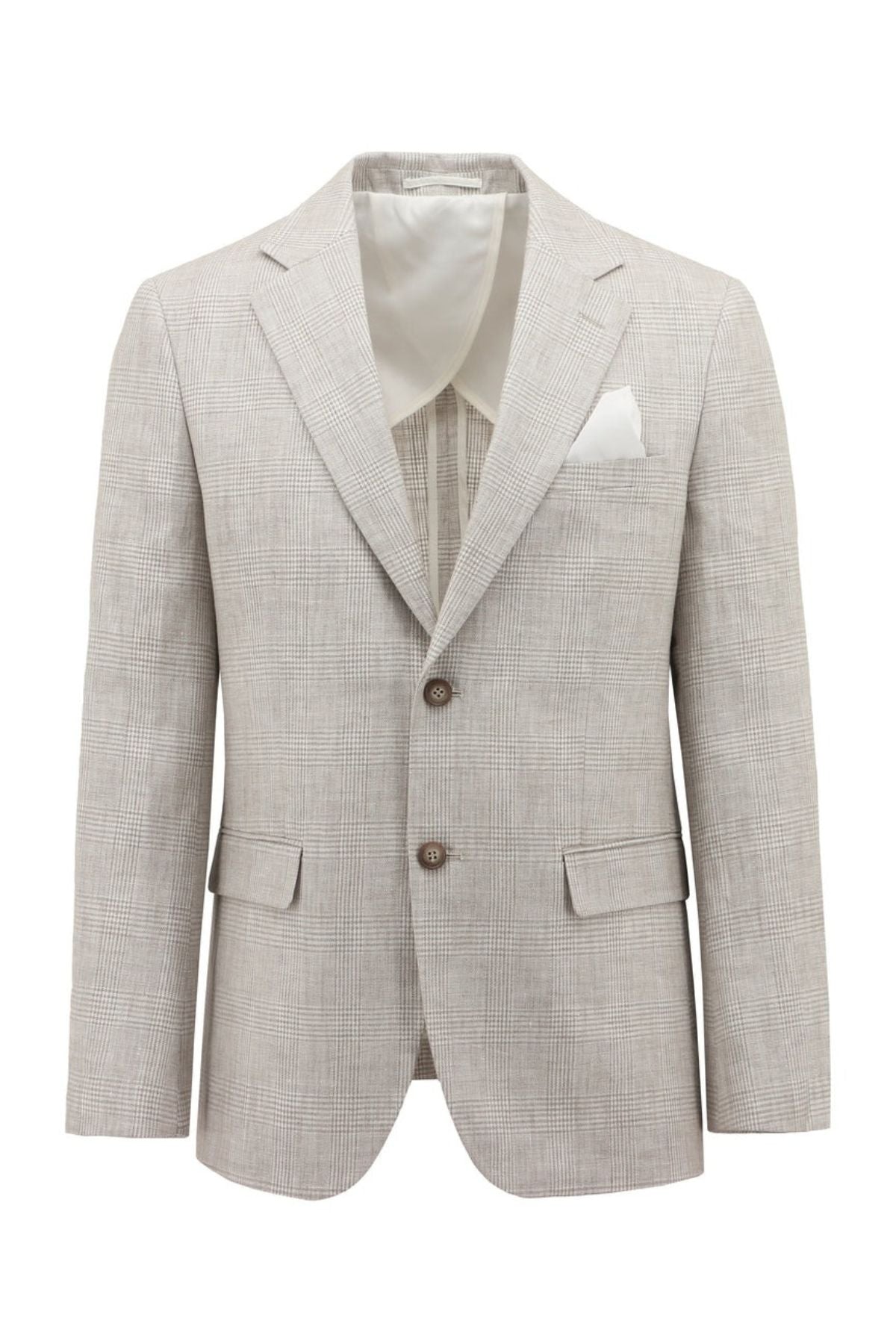 The Boston Prato Linen Sports Jacket in light beige plaid features a slim fit, two brown buttons, notched lapel, flap pockets, and a white pocket square on the left chest. Displayed on a white background.