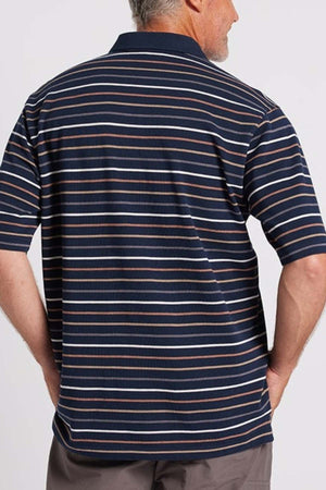 A man is seen from behind, wearing the dark blue Breakaway Dariyan Cotton Pique Polo adorned with modern thin stripes in white, beige, and light blue. His short gray hair complements his pose against a plain background.