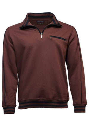 The Breakaway Kyler Snowy Mt Fleece Half Zip is a stylish choice this winter, featuring a brown long-sleeve pullover design with a half-zip front and a small zippered pocket on the left chest. Crafted from soft and warm fleece, it boasts black and brown striped trim on the collar, cuffs, and waistband.