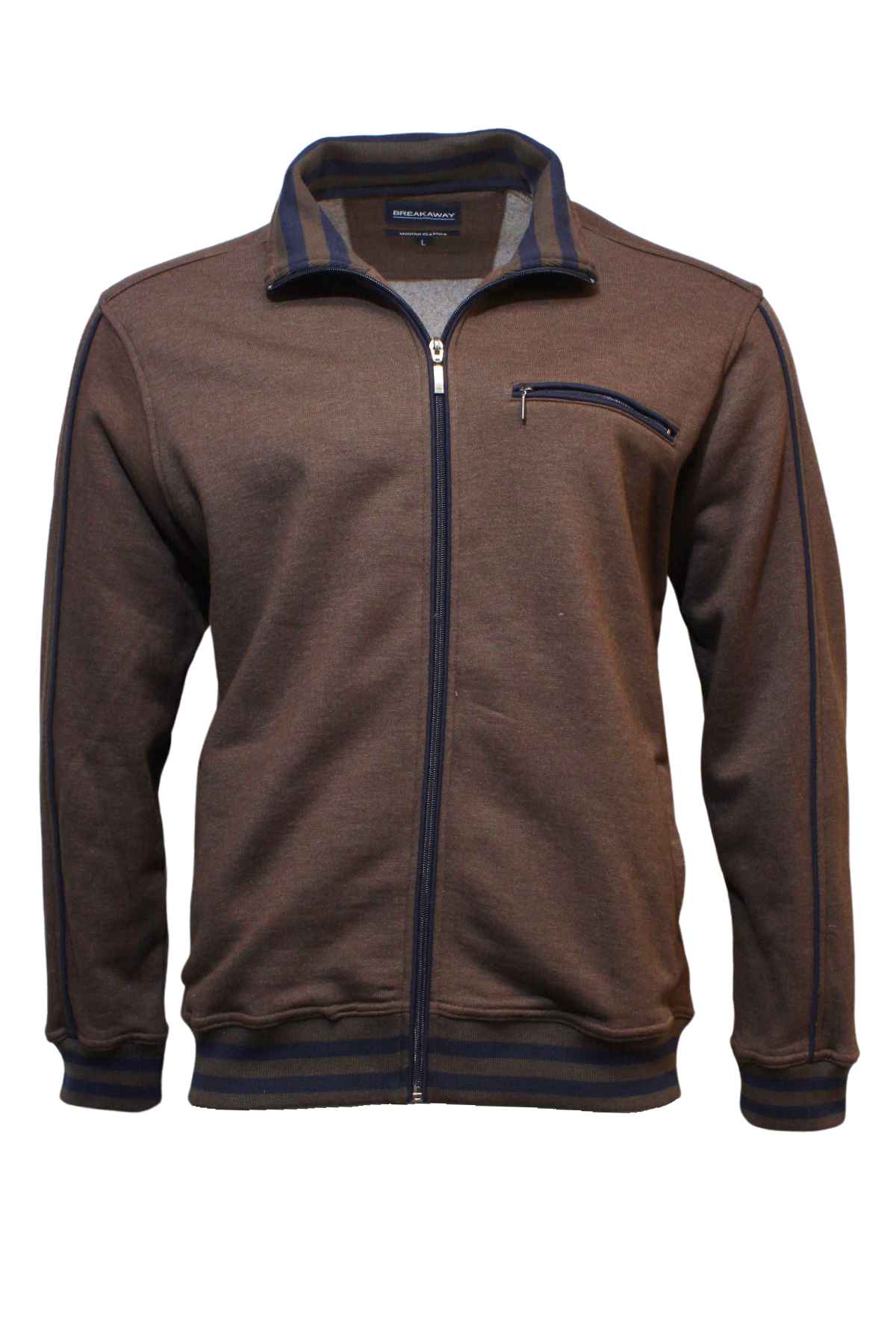 The Breakaway Kyler Snowy Mt Fleece Jacket showcases a rich brown color with dark navy accents on the collar, cuffs, and hem. It includes a front zipper and zippered chest pocket against a plain white background for crisp visibility.
