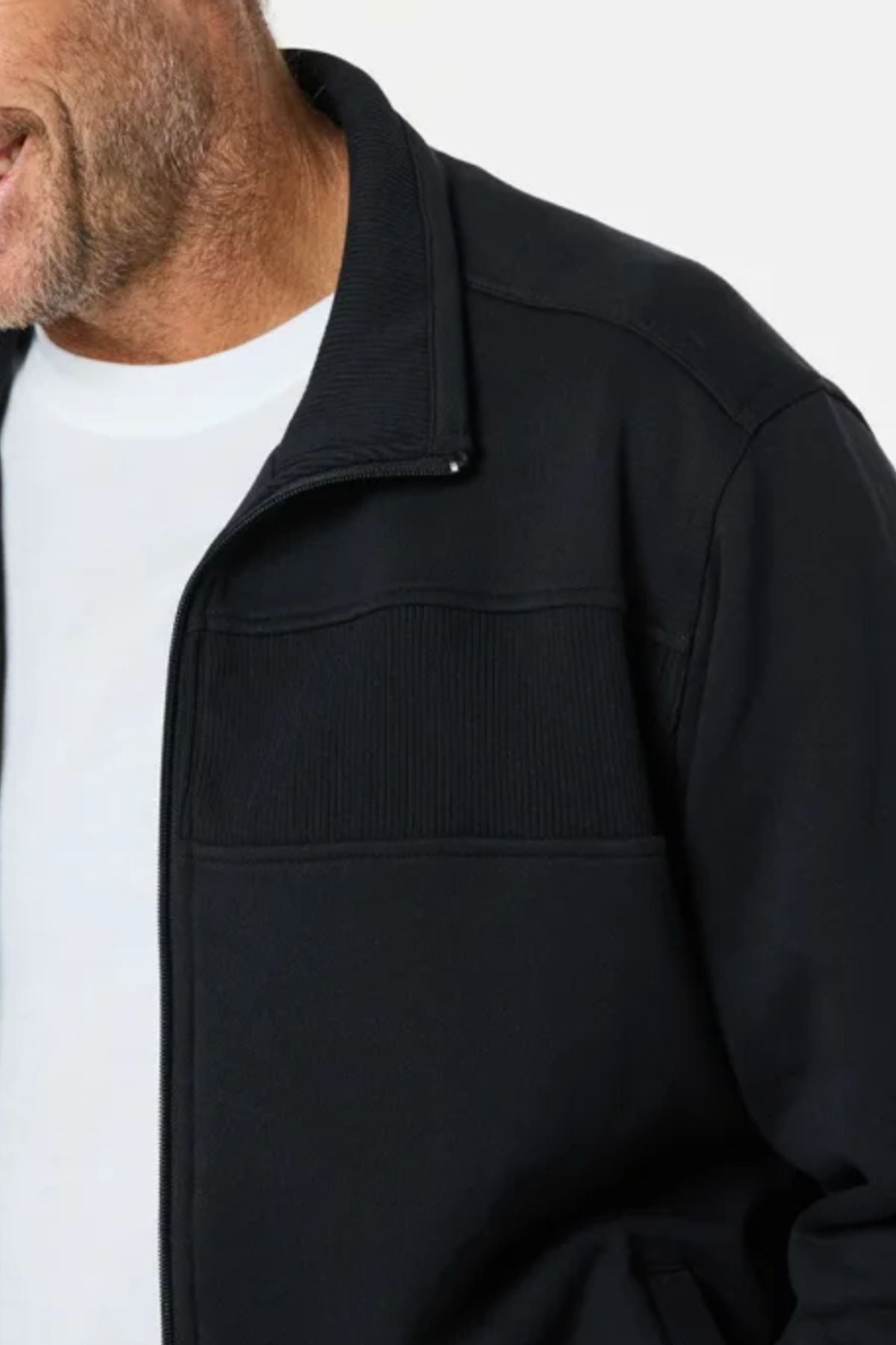 A close-up of a man in the Breakaway Zed Snowy Mt Fleece Jacket over a white tee shows his bearded lower face and highlights the jacket’s soft texture and collar, making it an ideal layering piece.